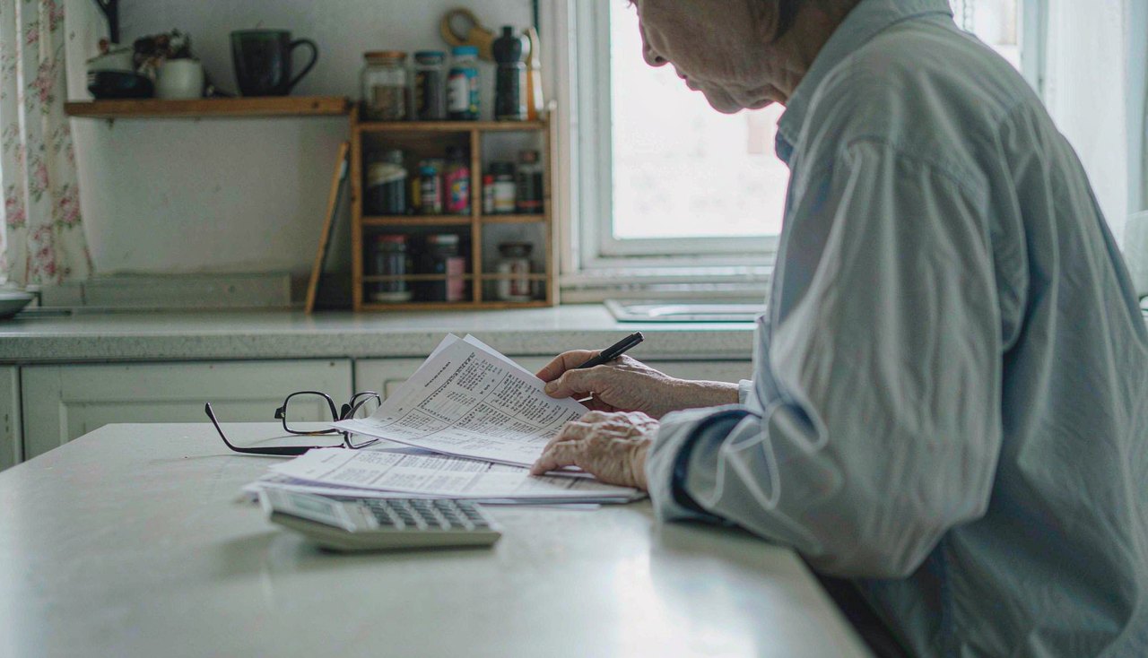 A person reviewing printed account statements at a kitchen table with a pen and a calculator nearby