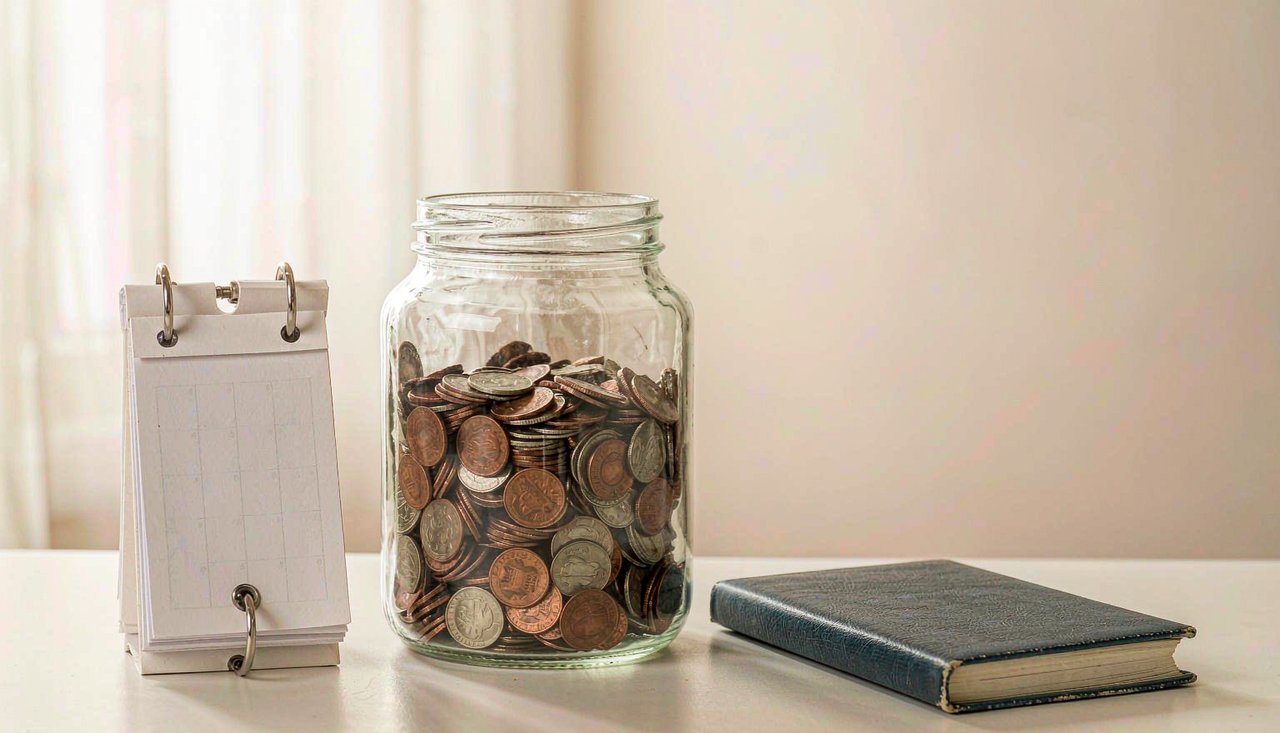 A calculator, coins stacked in growing columns and a printed savings schedule on a clean desk