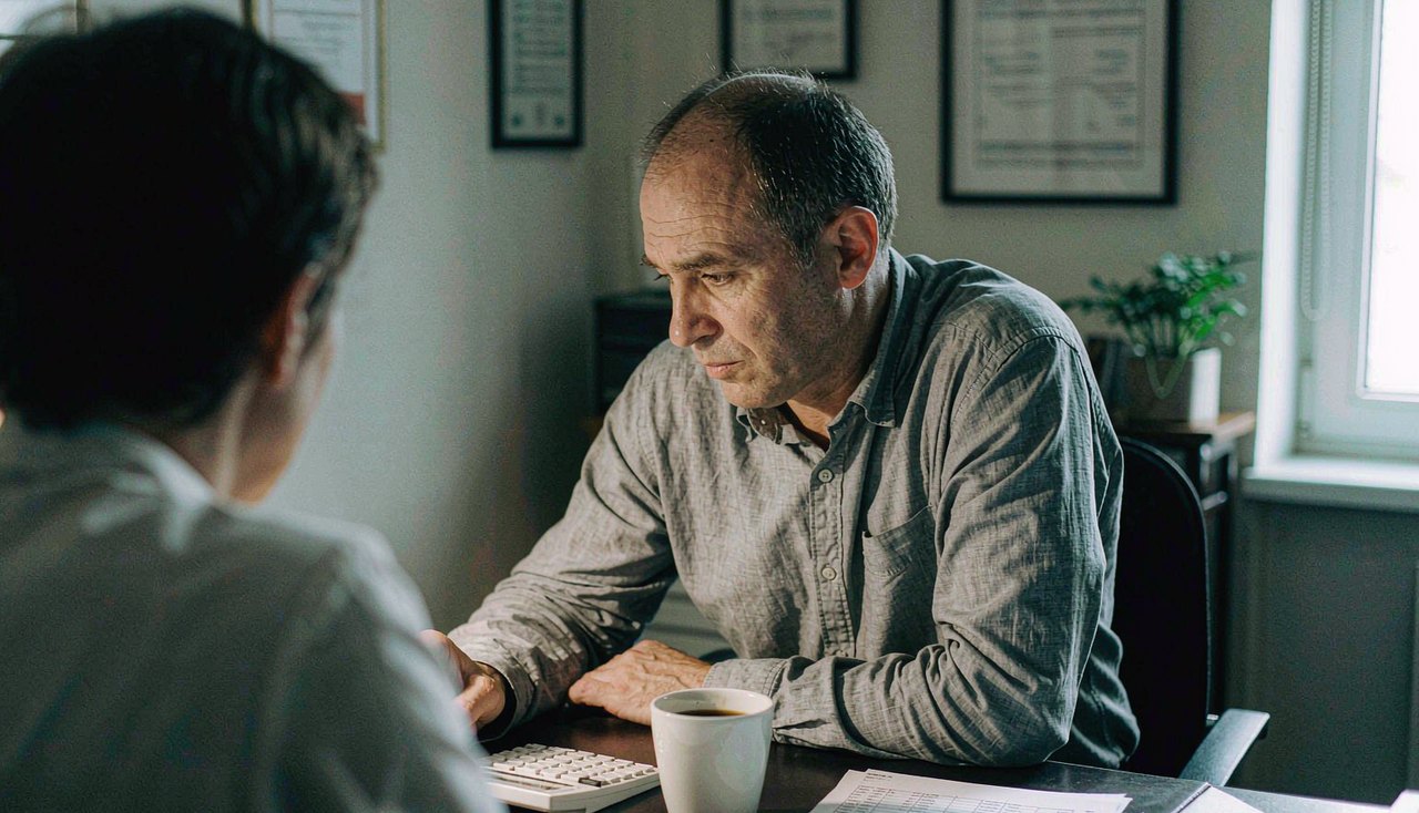 An open annual report lying flat on a desk with a printed balance sheet visible beside a pen and a coffee cup