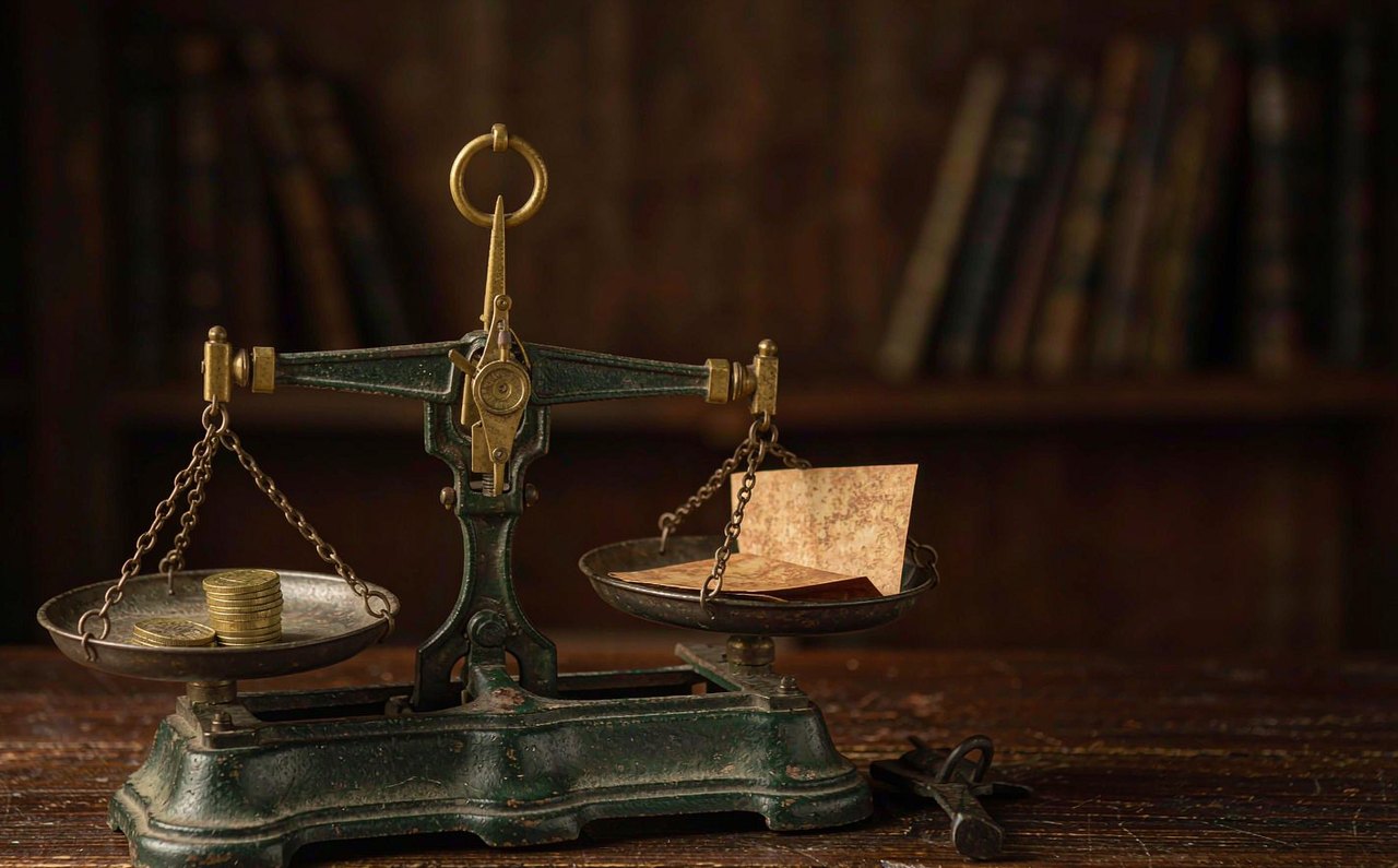 A mechanical balance scale with coins on one side and a folded document on the other