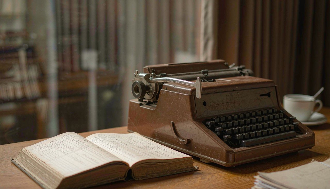 A vintage typewriter and an open handwritten ledger book on a warm wooden desk beside a coffee cup, soft window light behind