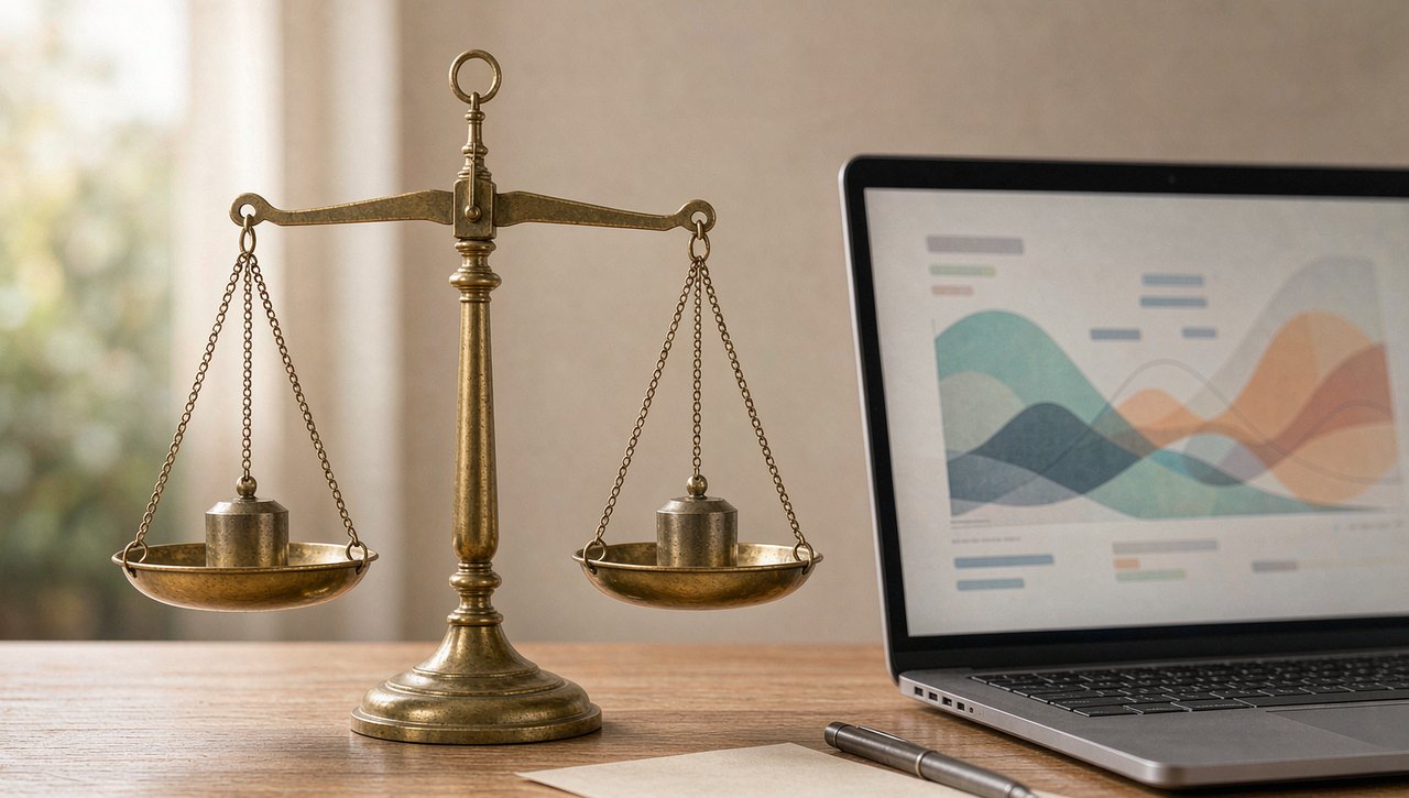 A balance scale sitting on a desk beside a laptop showing an abstract chart, soft daylight, realistic photo style