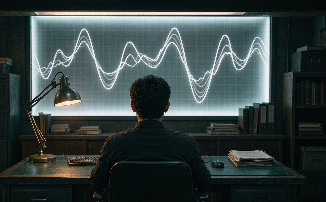 A person at a dim desk studying a large screen showing a long rising and falling line chart