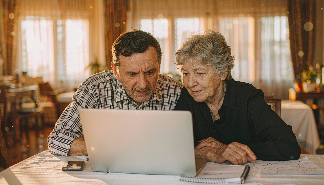 An older couple sitting together at a sunlit dining table looking at a laptop, financial documents and a notebook spread out before them