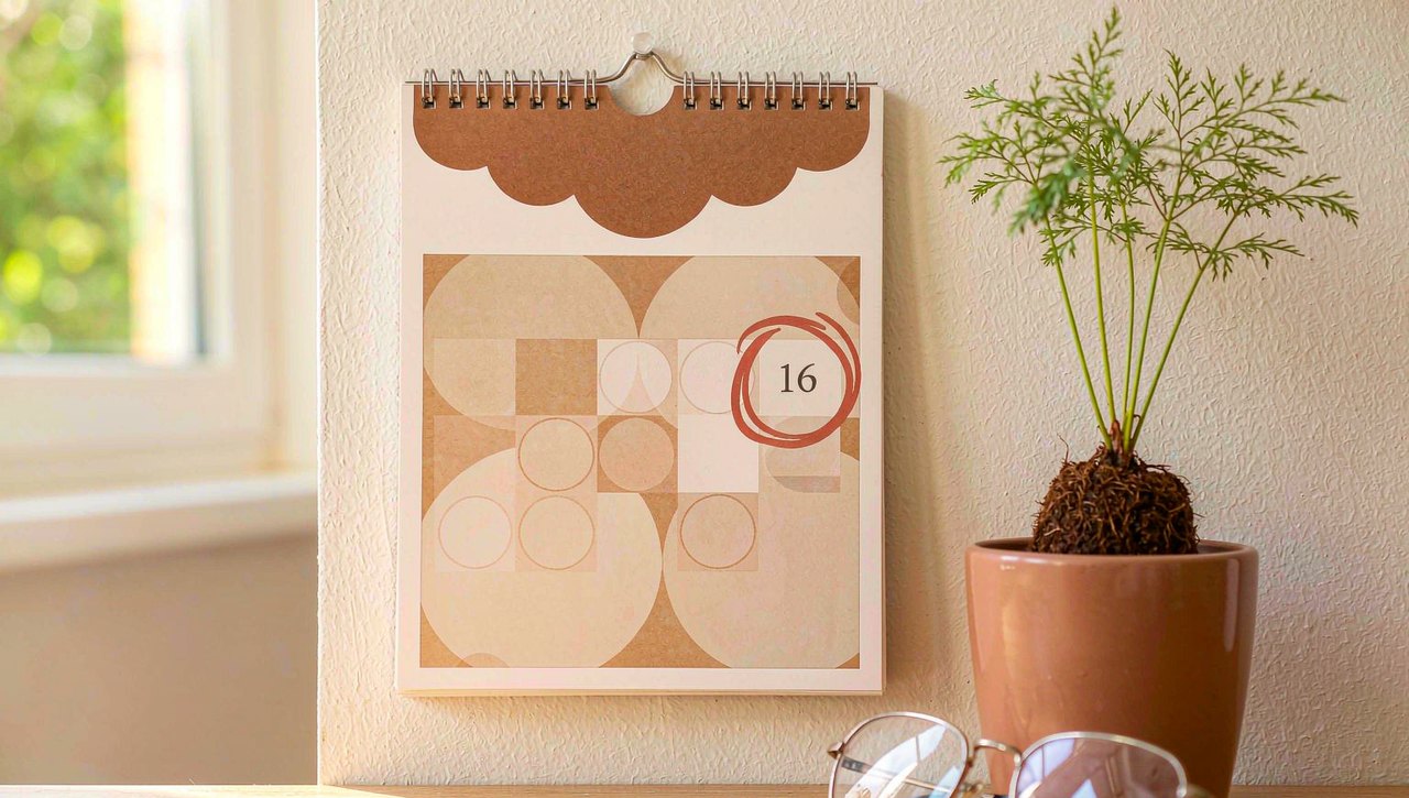 A wall calendar with one circled date beside a small potted plant and reading glasses on a tidy desk in warm daylight