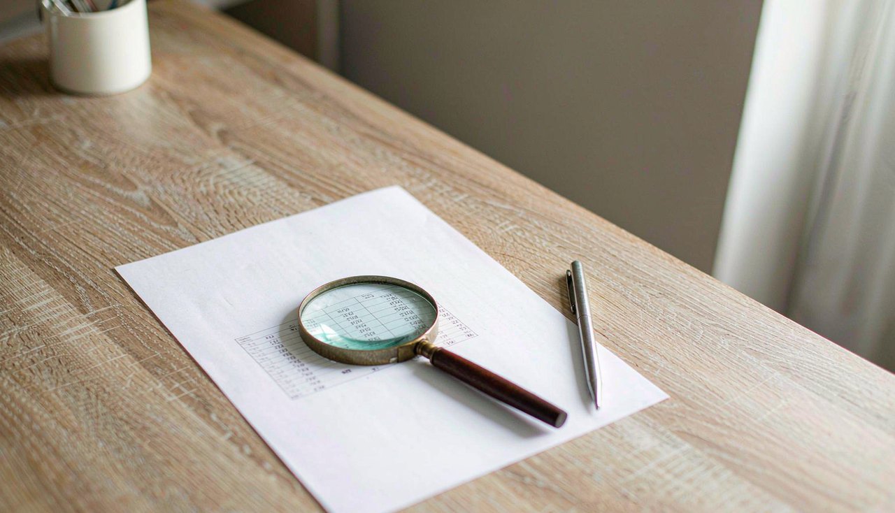 A printed fee table and a pair of reading glasses on a wooden desk beside a calculator in soft window light